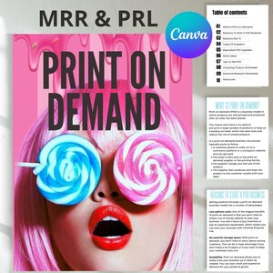 以下が含まれることがあります： プリントオンデマンドサービスのプロモーション用グラフィック。画像には、ピンクの髪の女性と目の上のロリポップが写っています。「PRINT ON DEMAND」と「Canva」というテキストが含まれています。追加のテキストは、目次とPODに関する情報を提供します。