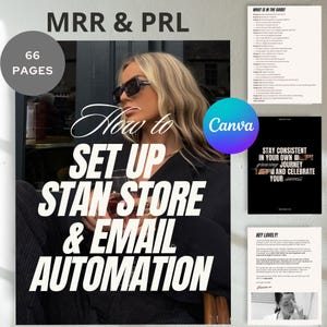 May include: Image of a guide titled "How to Set Up Stan Store & Email Automation" with the Canva logo. The guide has 66 pages and includes a list of topics. A woman wearing sunglasses is in the background.