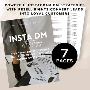 May include: A digital product cover with the title "Insta DM Strategy" in white text on a gray background. The cover features a woman wearing gray pants and black boots. The text "Effective DM Strategies That Turned Skeptics Into Paying Customers" is also on the cover. The cover also includes the text "Coming Soon" and "Get People Talking About Your Brand".