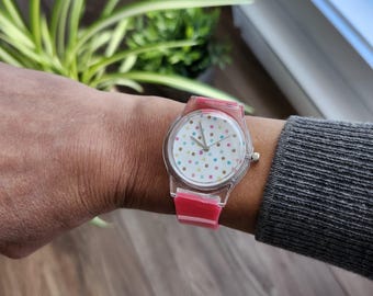Colorful Pink Strap Watch: Transparent Case, Stainless Steel Back