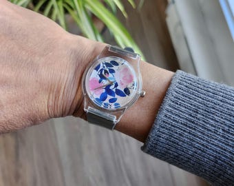 Floral Rose Watch: Transparent Case, Gray Strap