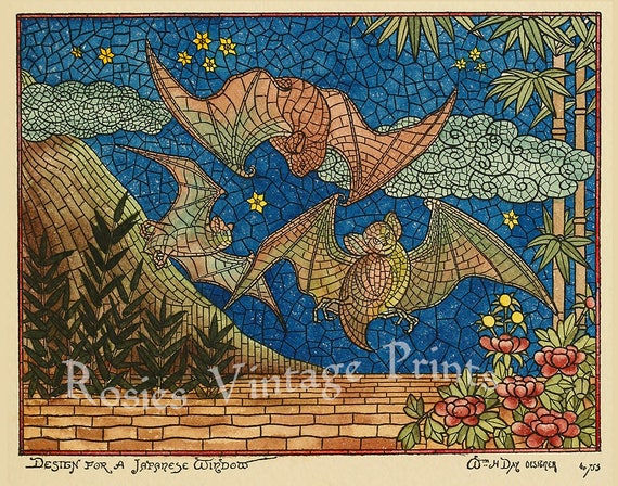 Bats In Japanese Stained Glass Design Print For Cabin Decor Etsy