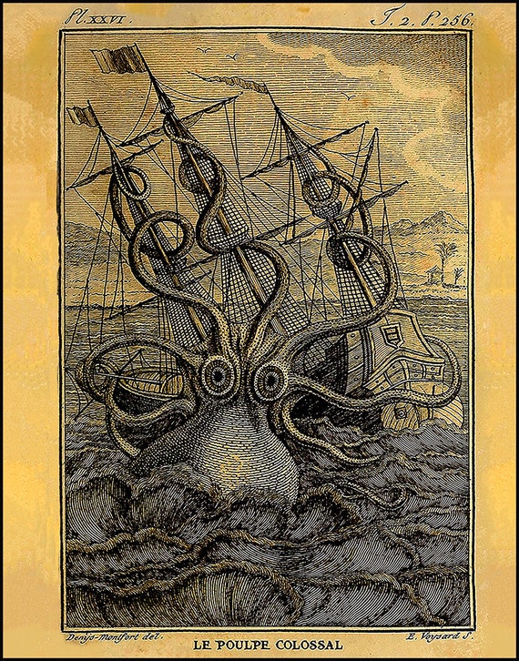 Sea Monster Print Le Poulpe Colossal Romantic Age Beach Etsy