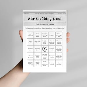 Plantilla de periódico de boda editable para encontrar a los invitados, juego de bingo, juego para mezclar y relacionar a los invitados, rompehielos para la recepción de la boda