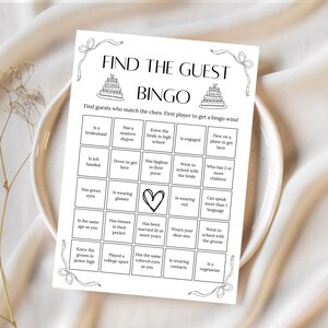 Bingo para encontrar invitados, juego de recepción minimalista, juego para conocerse, juego social, bingo para mezclarse y relacionarse, bingo para despedida de soltera, juego para romper el hielo