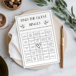 Bingo para mezclar y relacionarse, plantilla de bingo para encontrar al invitado, juego de recepción minimalista, juego para conocerse, bingo para despedida de soltera, juego para romper el hielo