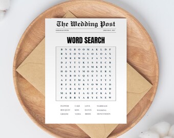 May include: A printable wedding word search puzzle with the title "The Wedding Post" and the date "20 May 2021". The puzzle features words related to weddings, such as "groom", "bride", "bouquet", and "honeymoon".