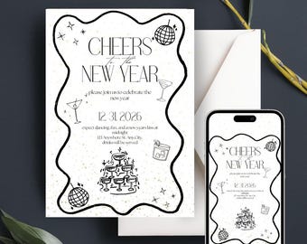 Könnte beinhalten: Eine digitale Einladung in Schwarzweiß für eine Silvesterparty mit dem Text "CHEERS to the NEW YEAR" und einer Discokugel-Grafik. Die Einladung enthält das Datum "12.31.2026" und die Adresse "123 Anywhere St. AnyCty".