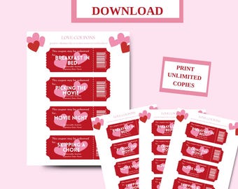 Puede incluir: Cupones de amor imprimibles con corazones rojos y rosas. Los cupones son para actividades como el desayuno en la cama, la elección de la película, la noche de cine y saltarse una tarea.