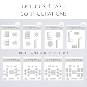 May include: Printable seating chart templates for wedding receptions. Includes four table configurations: 6 person circle, 8 person circle, 8 person square, and 10 person rectangle.