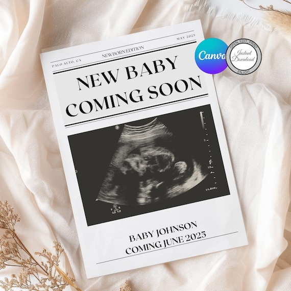 Newspaper Baby Announcement Post Minimalist Digital Baby Announcement Newspaper, Pregnancy Newspaper Announcement, Social Media Baby Reveal