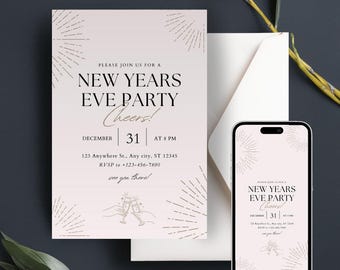 May include: A pink and gold New Year's Eve party invitation with a design of fireworks and champagne glasses. The invitation includes the date, time, and location of the party. The text reads "Please join us for a New Years Eve Party Cheers! December 31 at 8 PM 123 Anywhere St., Any city, ST 12345 RSVP to +123-456-7890 see you there!"