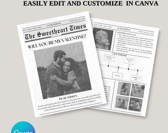 Editable Valentine’s Day Newspaper Template | Vintage Printable DIY Custom Card | "The Sweetheart Times" Newspaper Valentines Day Card