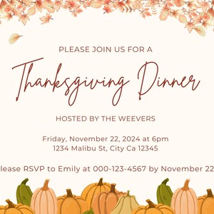 Bearbeitbares Thanksgiving-Dinner-Einladung, digitales Evite, Thanksgiving Evite, elektronische Einladung, Thanksgiving-Dinner Evite