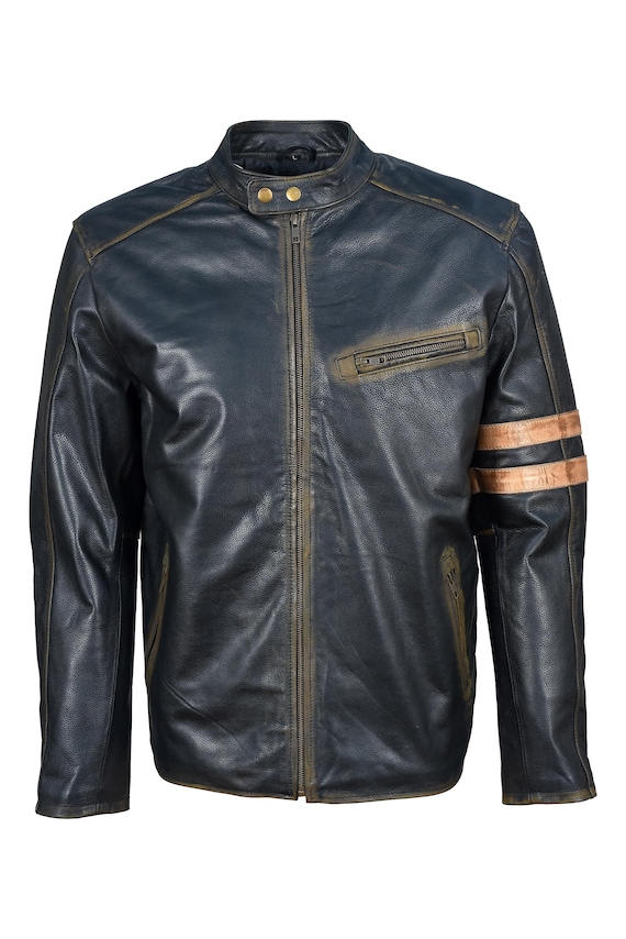Mens Distressed Motorcycle Retro Genuine Vintage Cafe Racer Leather Jacket - B2
