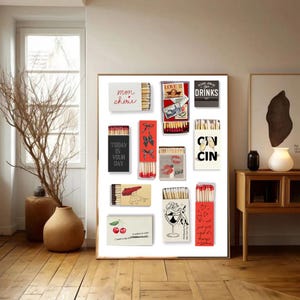 Vintage Matchbox Print, Retro Matchbox Wall Art, Modny plakat z zapałkami, Funky Aesthetic Kitchen Wall Prints, Sztuka ścienna do pokoju w akademiku
