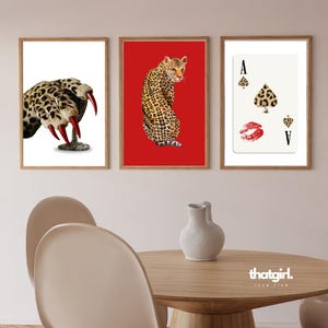 Set van 3 luipaard schoppenaas print jachtluipaard trendy muurafdrukken rode galerij kunst aan de muur chique wandafdrukken meisjes slaapkamer decor preppy muurkunst