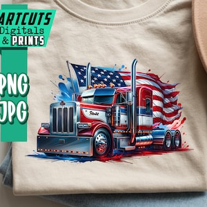 May include: A beige t-shirt featuring a red, white, and blue graphic of a semi-truck with an American flag design. The shirt is folded on top of a pair of blue jeans. The image also includes a tan hat and the text "ARTCUTS DIGITALS & PRINTS".