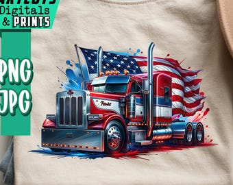 May include: A beige t-shirt featuring a red, white, and blue graphic of a semi-truck with an American flag design. The shirt is folded on top of a pair of blue jeans. The image also includes a tan hat and the text "ARTCUTS DIGITALS & PRINTS".