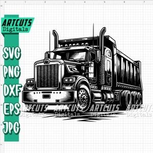 May include: Black and white illustration of a dump truck. The truck has a large cab and a long bed. The truck is driving on a road.