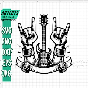 May include: Black and white graphic of a rock and roll theme. A guitar is centered between two hands making the rock on gesture. A banner is below the guitar. The image includes the text "ARTCUTS Digitals & Prints" and file type options.