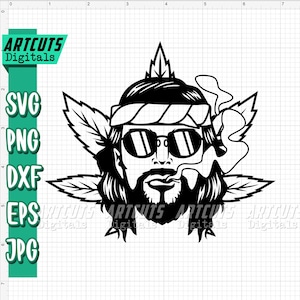 May include: Black and white illustration of a person with a bandana, sunglasses, and a beard smoking a joint. The person is surrounded by marijuana leaves.