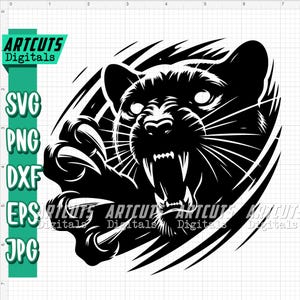Puede incluir: Ilustración digital en blanco y negro de una pantera con la boca abierta y garras extendidas. Incluye el texto "ARTCUTS Digitals" y opciones de archivo SVG, PNG, DXF, EPS y JPG.