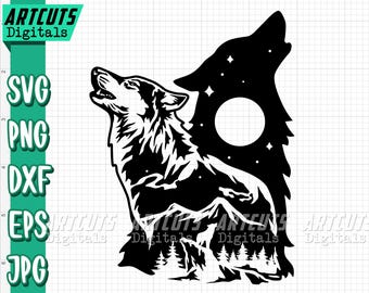 Wolf svg | Howling Wolf Clipart | Camping Shirt png | Camper Dad Cutfile | Woodland Animal | Wolves Night Sky | Outdoor | Campsite Dog dxf