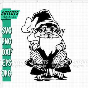 May include: A black and white illustration of a gnome wearing sunglasses and smoking a pipe. The gnome is sitting on a mushroom with a leafy base.