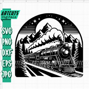 May include: A black and white illustration of a steam train travelling through a mountainous landscape. The train is emitting smoke and is surrounded by trees and mountains. The sky is filled with stars.