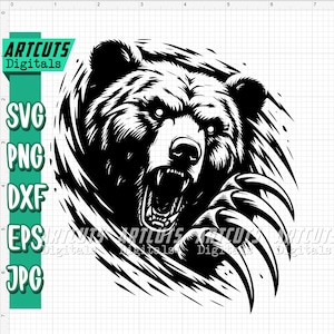 Puede incluir: Ilustraci&oacute;n en blanco y negro de la cabeza y la pata de un oso que emerge de un remolino de pelo. El oso tiene una expresi&oacute;n feroz con la boca abierta y los dientes visibles.