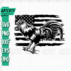 May include: Black and white graphic of a rooster with an American flag background. The image includes the text "ARTCUTS Digitals" and file type options: SVG, PNG, DXF, EPS, and JPG.