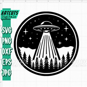 May include: Black and white illustration of a UFO flying over a forest at night. The UFO is emitting beams of light. There are stars in the sky.