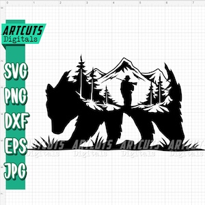 Bear svg, Bear Hunting svg, Camping Clipart, Hunter Dad Cutfile, Bear Scene dxf, Camper Shirt png, Mountain, Woodland Animal, Brown Grizzly