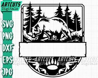 Bear svg, Bear Scene svg, Camping Clipart, Outdoor Cutfile, Mountain dxf, Camper Shirt png, Woodland Animal, Grizzly, Forest Camp, Campsite