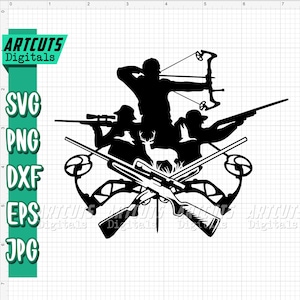 May include: Black and white digital graphic featuring three hunters with rifles and a bow, silhouetted against a white background. The image includes a deer and the text "ARTCUTS Digitals" and file type abbreviations.