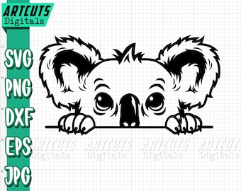 Könnte beinhalten: Schwarz-weiße Illustration eines Koala-Bären mit großen Augen und flauschigen Ohren, der über eine horizontale Linie blickt. Das Bild enthält den Text "ARTCUTS Digitals" und Dateitypoptionen: SVG, PNG, DXF, EPS und JPG.