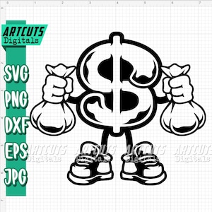 Money Mascot svg, Clipart del simbolo del dollaro, Cutfile della mascotte del sacco dei soldi USD, Stencil del sacco dei soldi Gangster, Maglietta Hipster Cool Rich Kid png, Hippie dxf