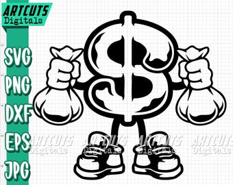 Money Mascot svg, Dollar Sign Clipart, USD Money Bag Mascot Cutfile, Gangster Moneybag Stencil, Hipster Cool Rich Kid Shirt png, Hippie dxf