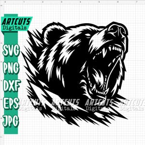 May include: Black and white graphic of a roaring bear with sharp teeth and detailed fur. The image includes the text "ARTCUTS Digitals" and file type options: SVG, PNG, DXF, EPS, and JPG.