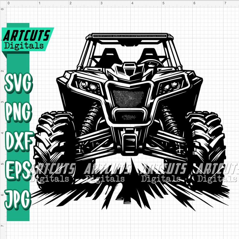 May include: Black and white illustration of a side-by-side off-road vehicle with a roll cage and a light bar on the roof. The vehicle is driving through a dirt path and kicking up dirt.