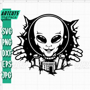 Może przedstawiać: Czarno-biała ilustracja przedstawiająca kosmitę w skafandrze kosmicznym, który wygląda zza rozerwanego kawałka kosmicznej tkaniny. Kosmita ma duże oczy i przyjazny uśmiech.