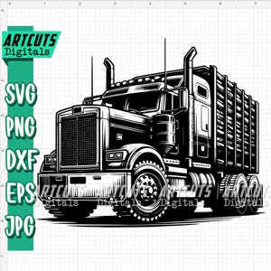 Könnte beinhalten: Schwarzweiß-Illustration eines großen Sattelzuges mit einem Holz-Log-Carrier. Der LKW hat einen großen Kühlergrill und Scheinwerfer. Der Log-Carrier besteht aus Holzlatten.