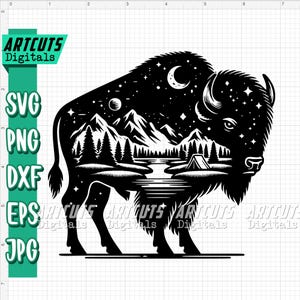 Svg Buffalo, camping svg, svg scène Buffalo, campeur papa chemise png, ciel nocturne forêt, montagne bête des cliparts, fichier coupe Western, taureau cowboy