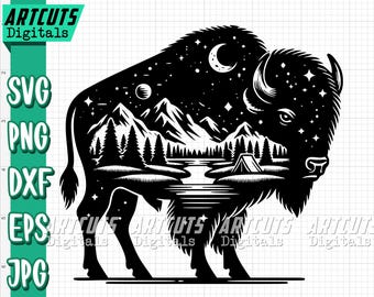 Buffalo svg, Camping svg, Buffalo Scene svg, Camper Dad Shirt png, Forest Night Sky, Mountain Beast Clipart, Western Cutfile, Cowboy Bull