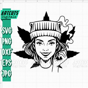 May include: Black and white illustration of a woman wearing a beanie and holding a marijuana joint. She is surrounded by marijuana leaves.