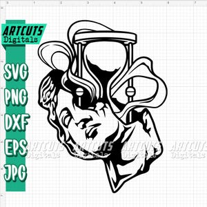 May include: Black and white digital art featuring a classical bust with an hourglass incorporated into the design. The image includes the text "ARTCUTS Digitals" and file type options: SVG, PNG, DXF, EPS, and JPG.