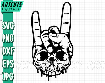 May include: Black and white graphic of a hand making the rock and roll gesture, with a skull incorporated into the design. The image includes the text "ARTCUTS Digitals" and file type labels: SVG, PNG, DXF, EPS, and JPG.