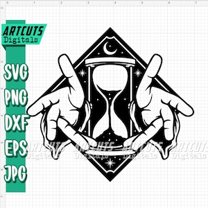 May include: Black and white illustration of two hands holding an hourglass with a crescent moon and stars in the background.