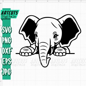 May include: A monochrome elephant graphic with prominent ears and a trunk. The image features the text "ARTCUTS Digitals" and file type options: SVG, PNG, DXF, EPS, and JPG.